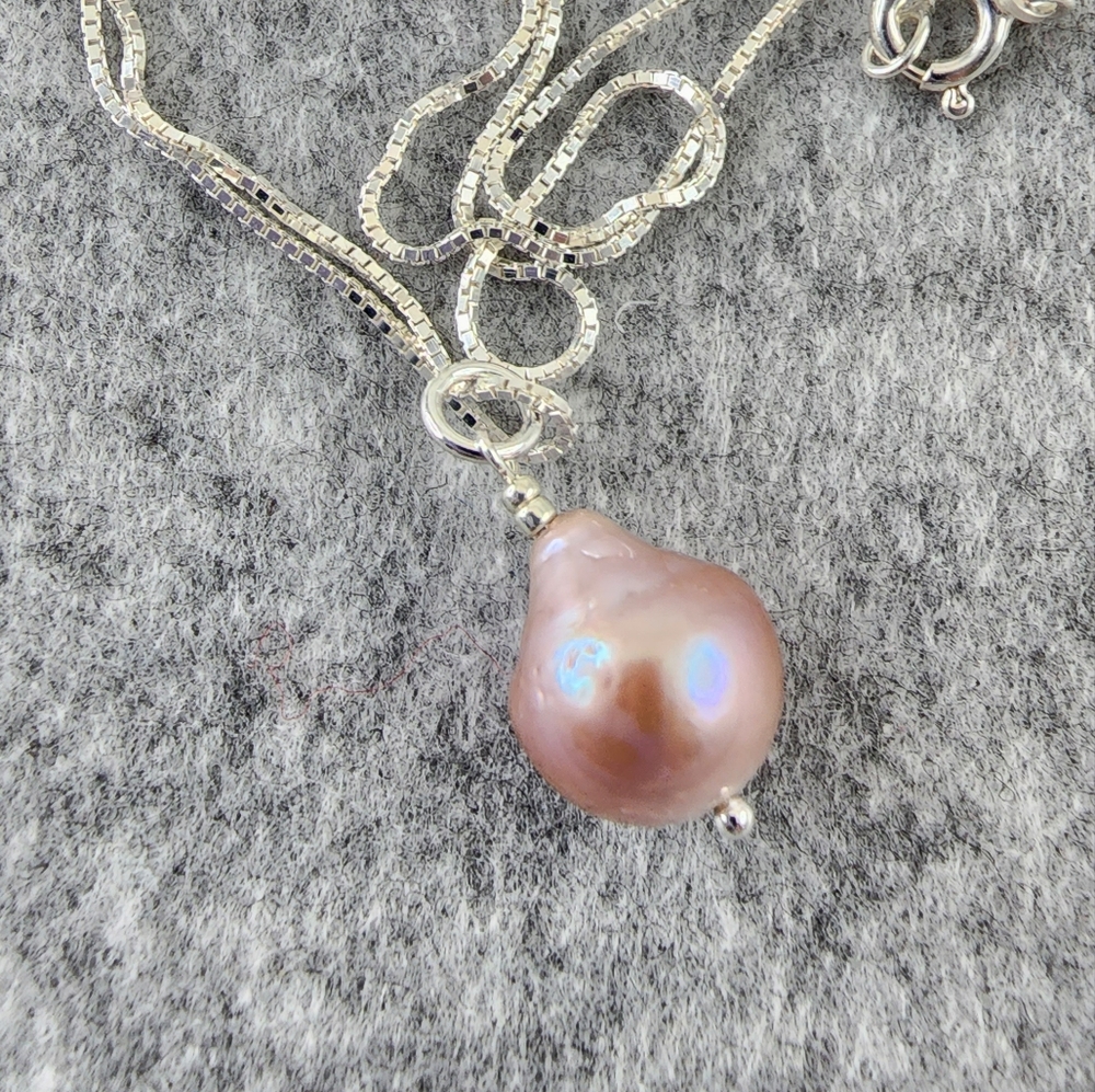 Blush pearl pendant necklace Italian 925 sterling silver large baroque pearl - Picture 3 of 8